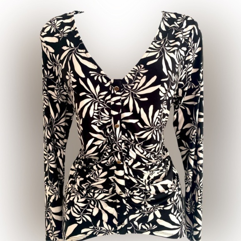 INC International Concepts Ruched Blouse - S black white print polyester spandex